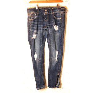 Almost Famous Womens Size 9 34X28 Dark Wash Low Rise Distressed Skinny Jeans